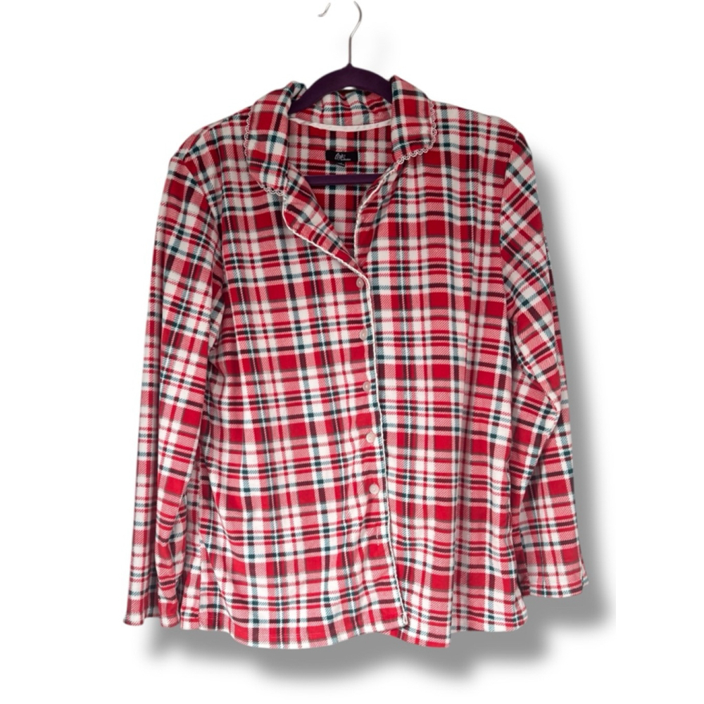 Aria Collection Women's Medium Red Green White Soft Velour Fleece Sleep Shirt